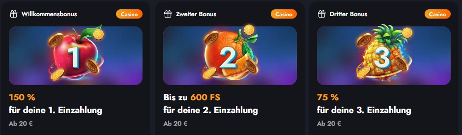 Martin Casino Bonusstufen mit 150 Prozent, 600 Freispielen und 75 Prozent