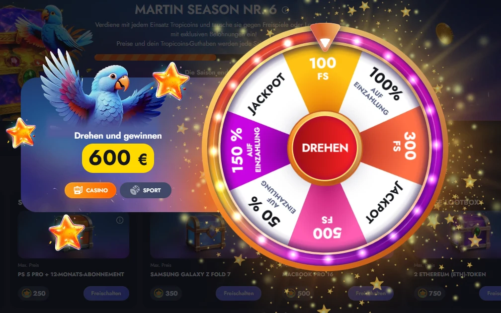 Martin Casino Glücksrad mit 600 Euro, Freispielen und weiteren Gewinnen