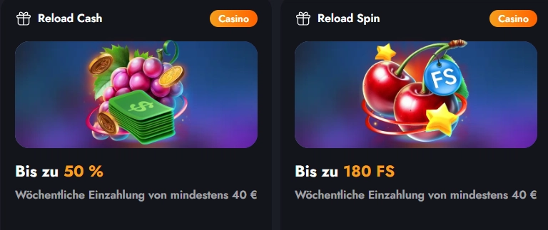 Martin Casino Reload Cash mit 50 Prozent und Reload Spin mit bis zu 180 Freispielen
