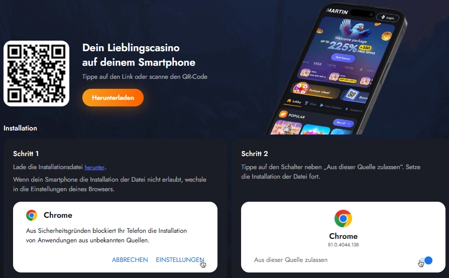 Martin Casino App für Smartphone mit Android und iOS